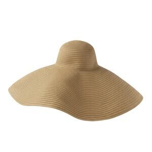 Women's Tan Oversized Wide Brim Woven Straw Summer Beach Sun Hat Cap Size 57cm
